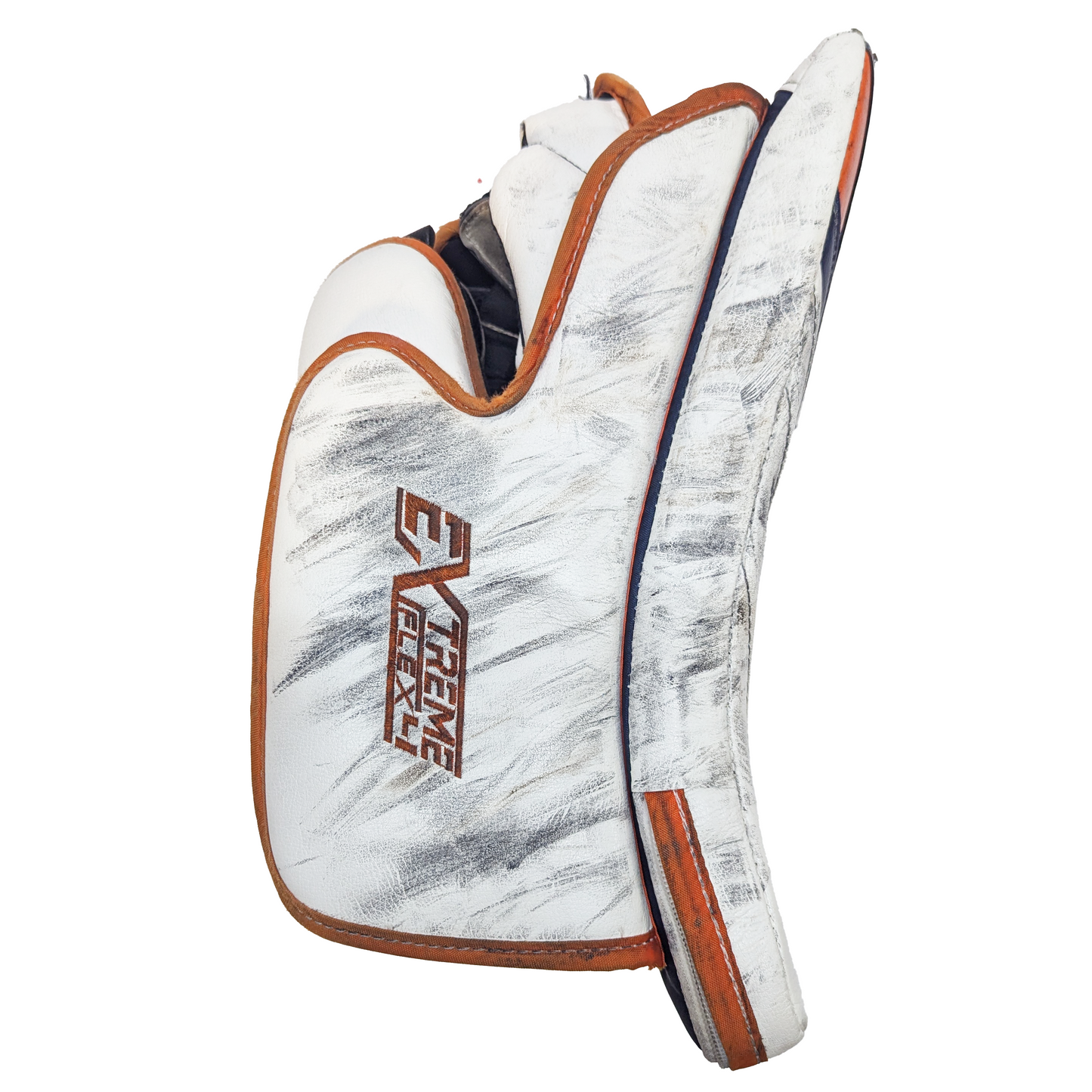 CCM Extreme Flex 4 - Used WHL Pro Stock Goalie Blocker (White/Navy/Orange)
